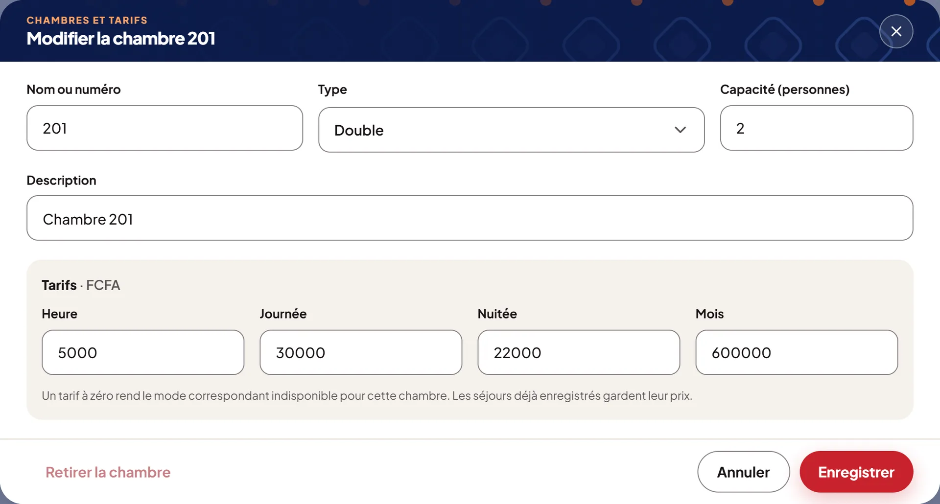 La modification d’une chambre et de ses tarifs.