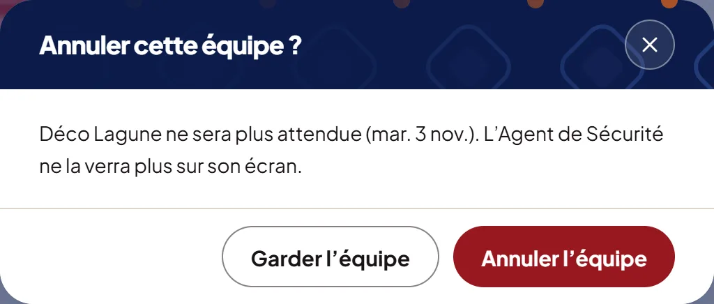 La confirmation avant d’annuler une équipe.