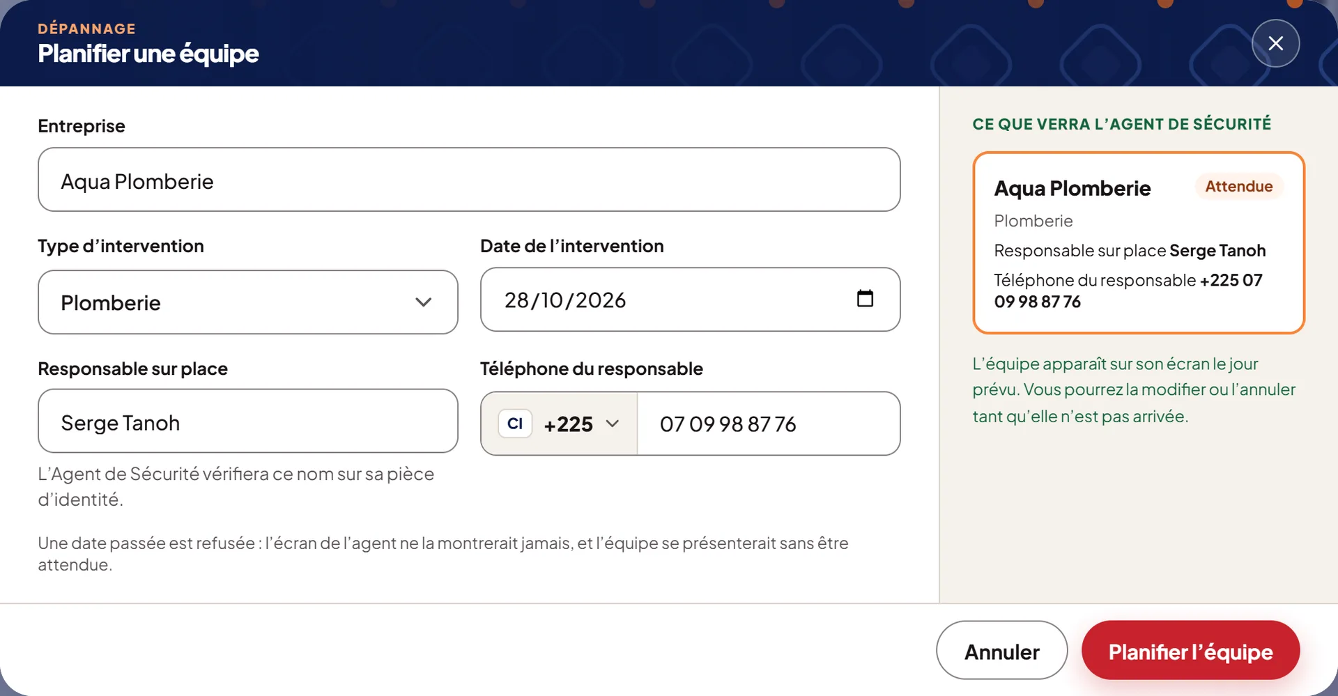Le formulaire de planification et l’aperçu de l’Agent de Sécurité.