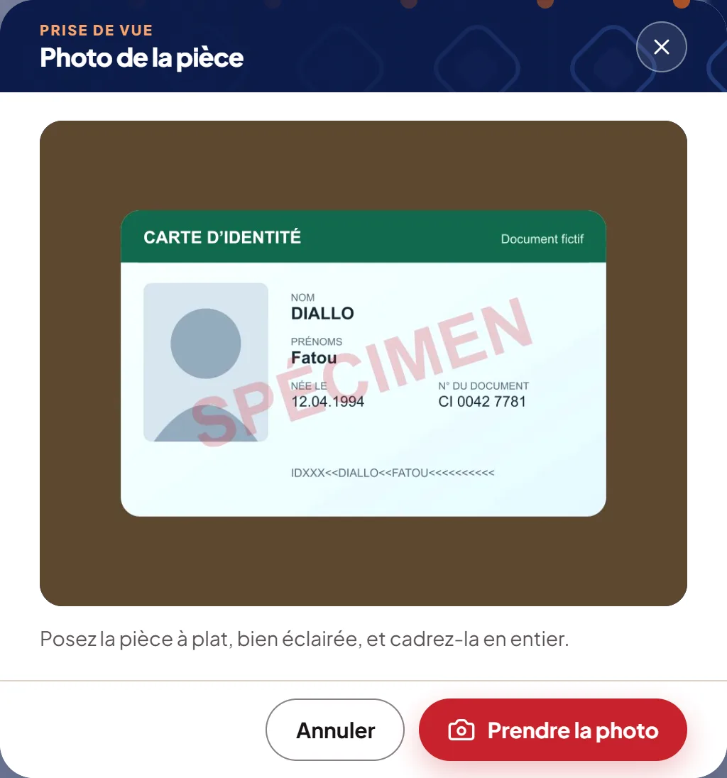 La prise de vue de la pièce d’identité.