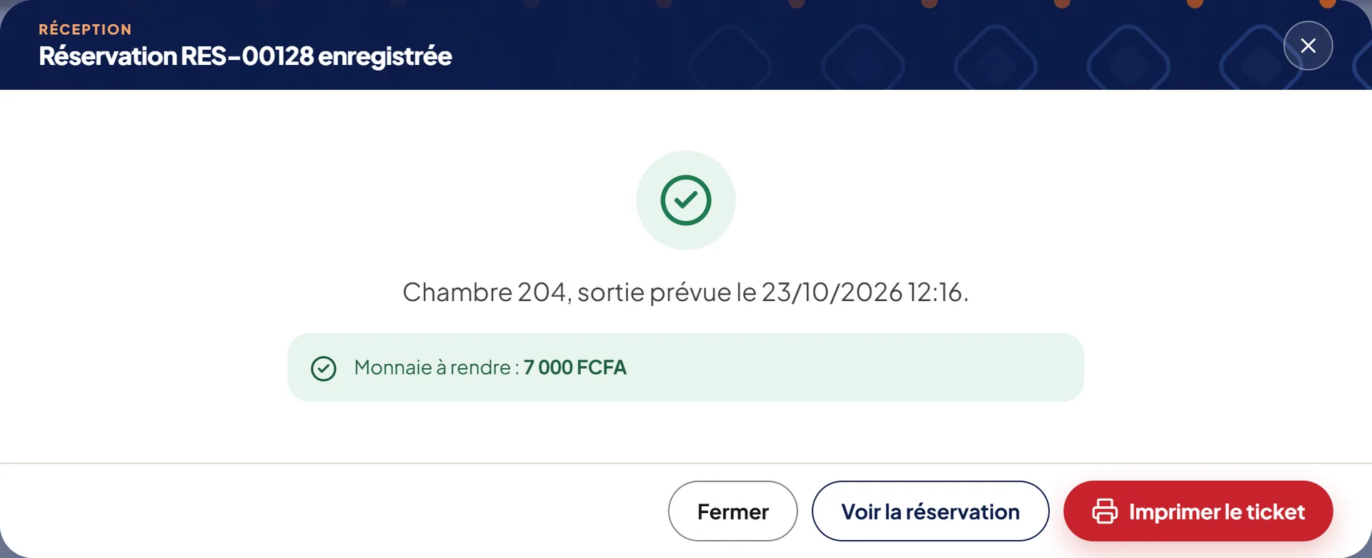 La réservation est enregistrée et porte son numéro.