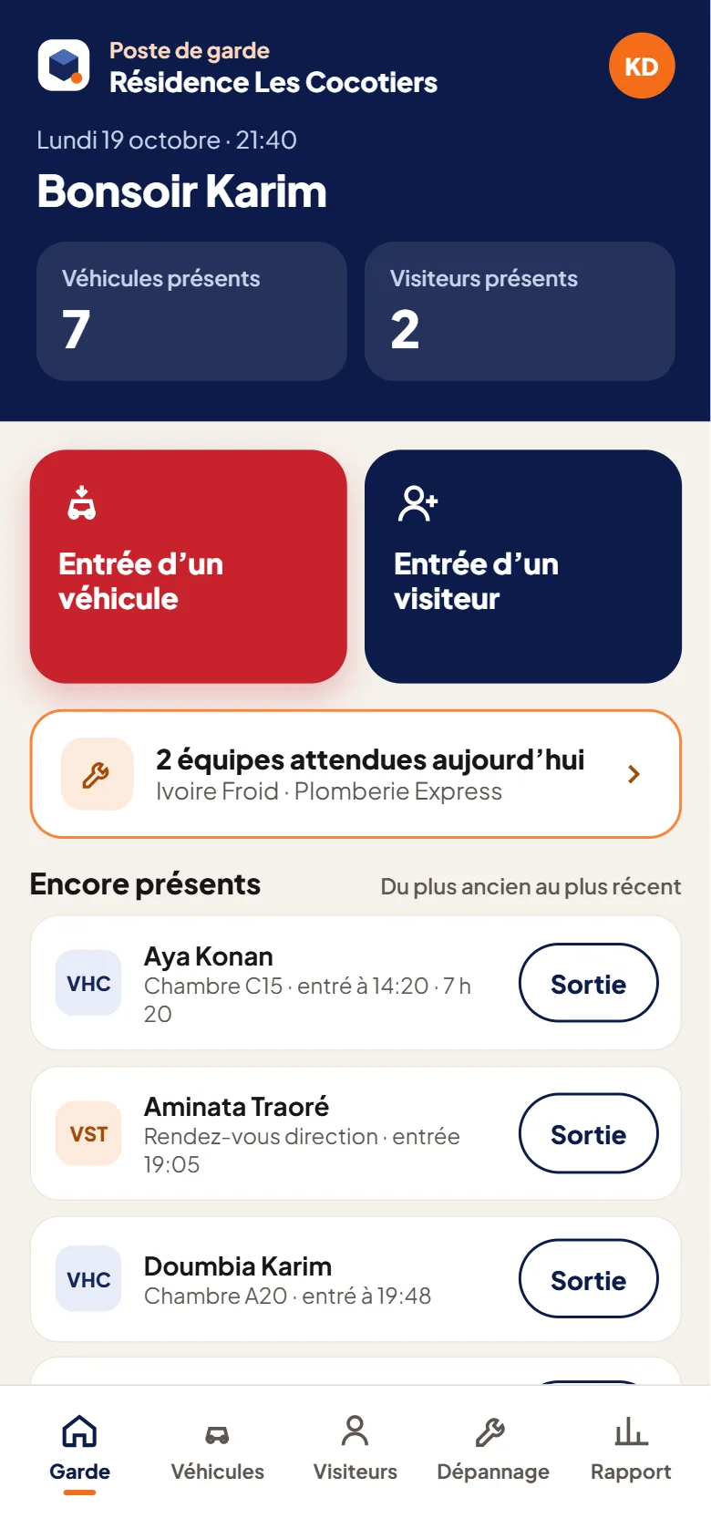 Capture d’écran de l’espace Sécurité : Poste de garde