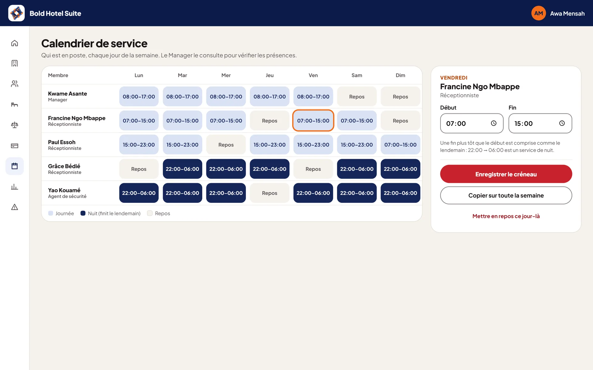 Capture d’écran de l’espace Admin Hôtel : Calendrier de service