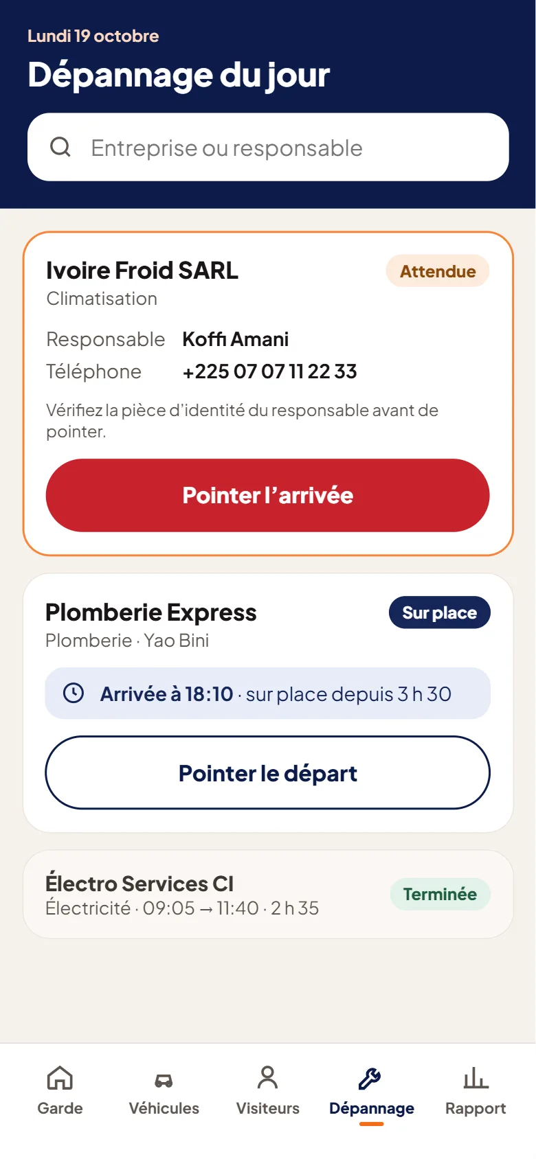 Capture d’écran de l’espace Sécurité : Dépannage du jour